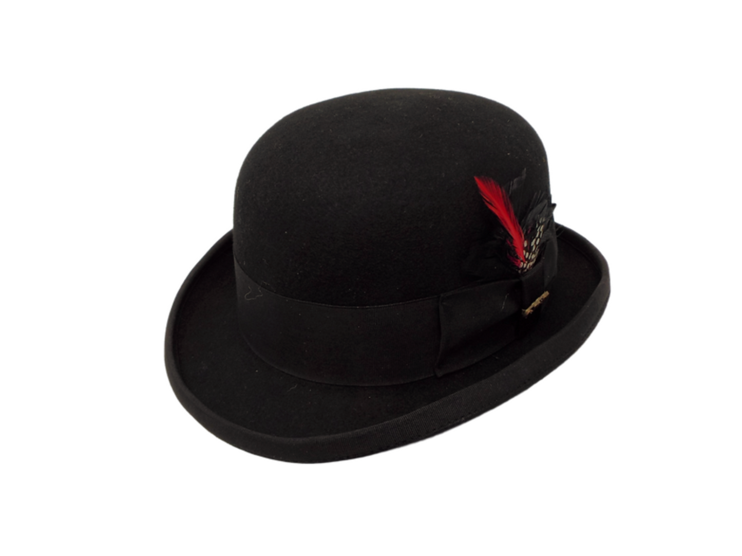 a black bowler hat with a feather hatband