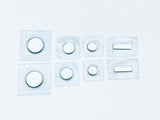 4 pairs of sew in magnets in plastic; 1 pair 1" large disk, 1 pair 3/4" disk, 1 pair 1/2" disk, 1 pair thin bar