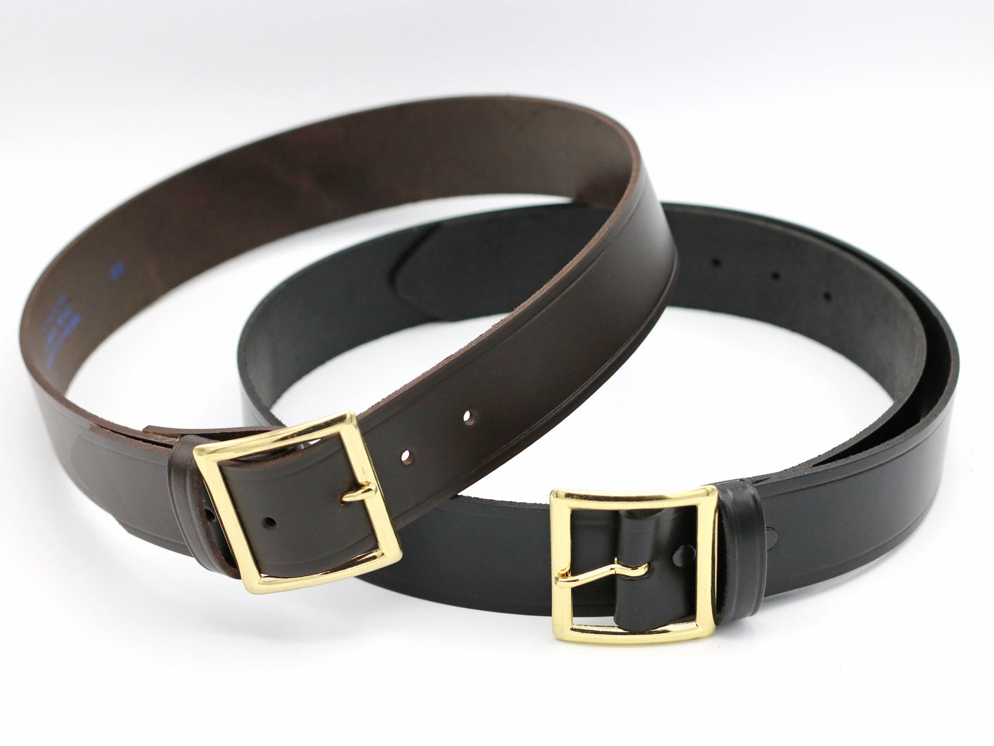 2 belts one in brown and one in black; both with gold buckles and both measure 1 3/4" wide