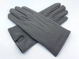 Men's grey dress gloves with 3 stitched lines on the back of the hand and vent on the inside of the wrist