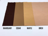 Swatches of Modesty Pouch colors; Mahogany, Cedar, Maple and Birch
