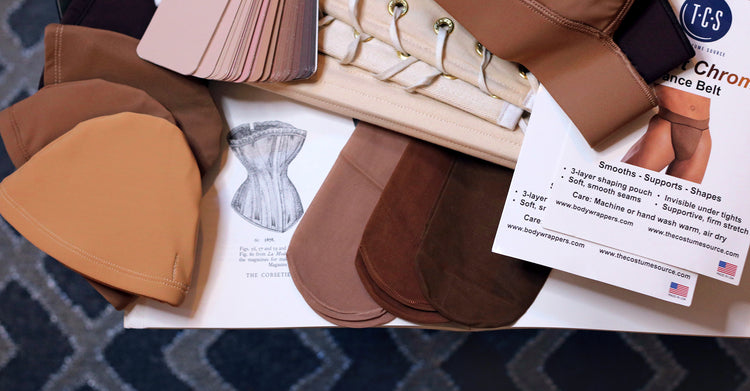 a collage of modesty pouches, dance belts, the lacing of a corset and skintone swatches