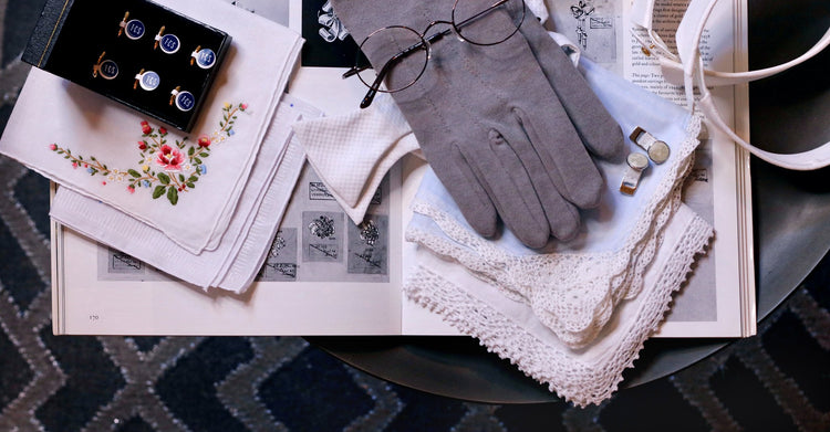 Vintage handkerchieves, gray cotton formal gloves, with Mother of Pearl Quick-rigged cufflinks, and a pair of reproduction glasses 