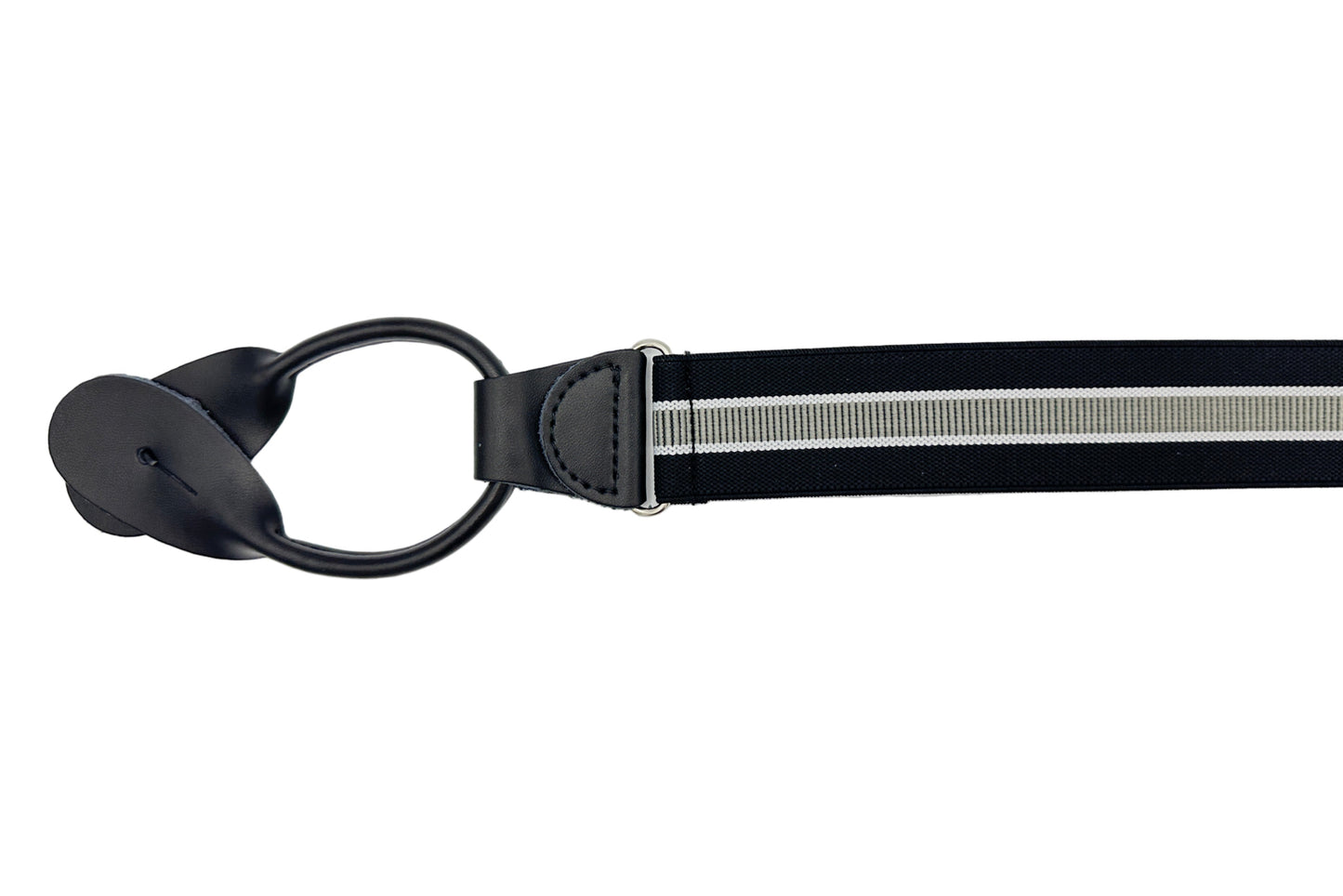 elastic suspenders with black leather ends and black and grey vertical striped elastic