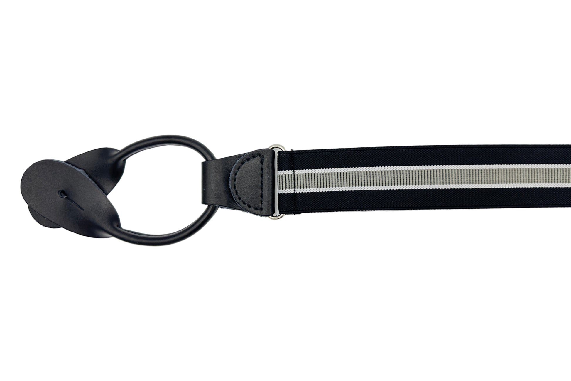 elastic suspenders with black leather ends and black and grey vertical striped elastic