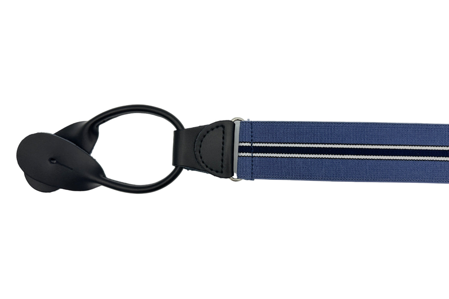 blue elastic with navy and white center stripe and black leather ends