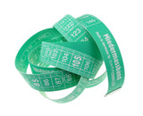 Green Bra Tape coiled to show centimenters on one side and Bra sizes