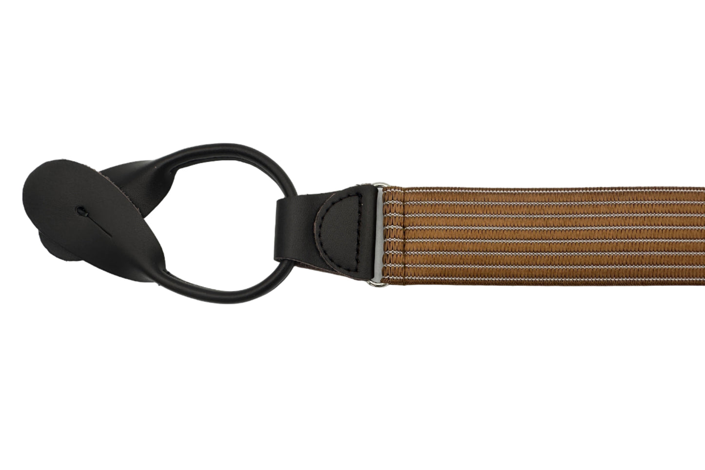 warm tan with white pinstripe elastic suspender with brown ends
