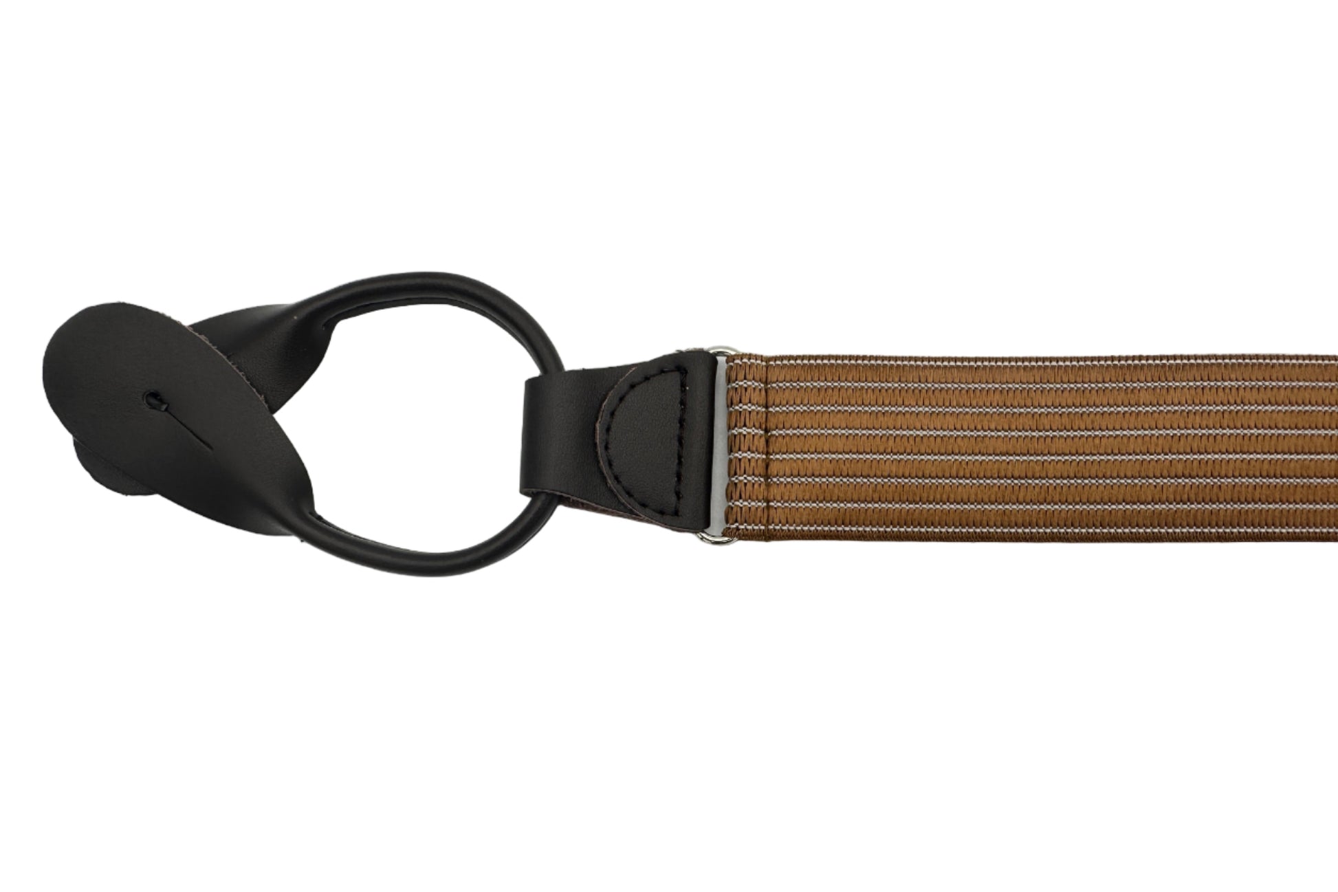 warm tan with white pinstripe elastic suspender with brown ends
