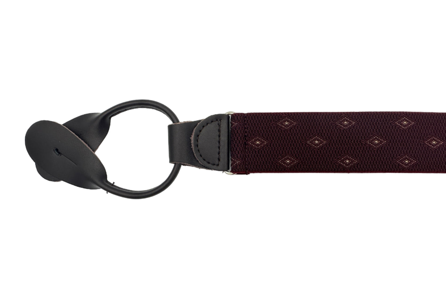 Burgundy elastic with burgundy diamond print suspenders with brown leather ends