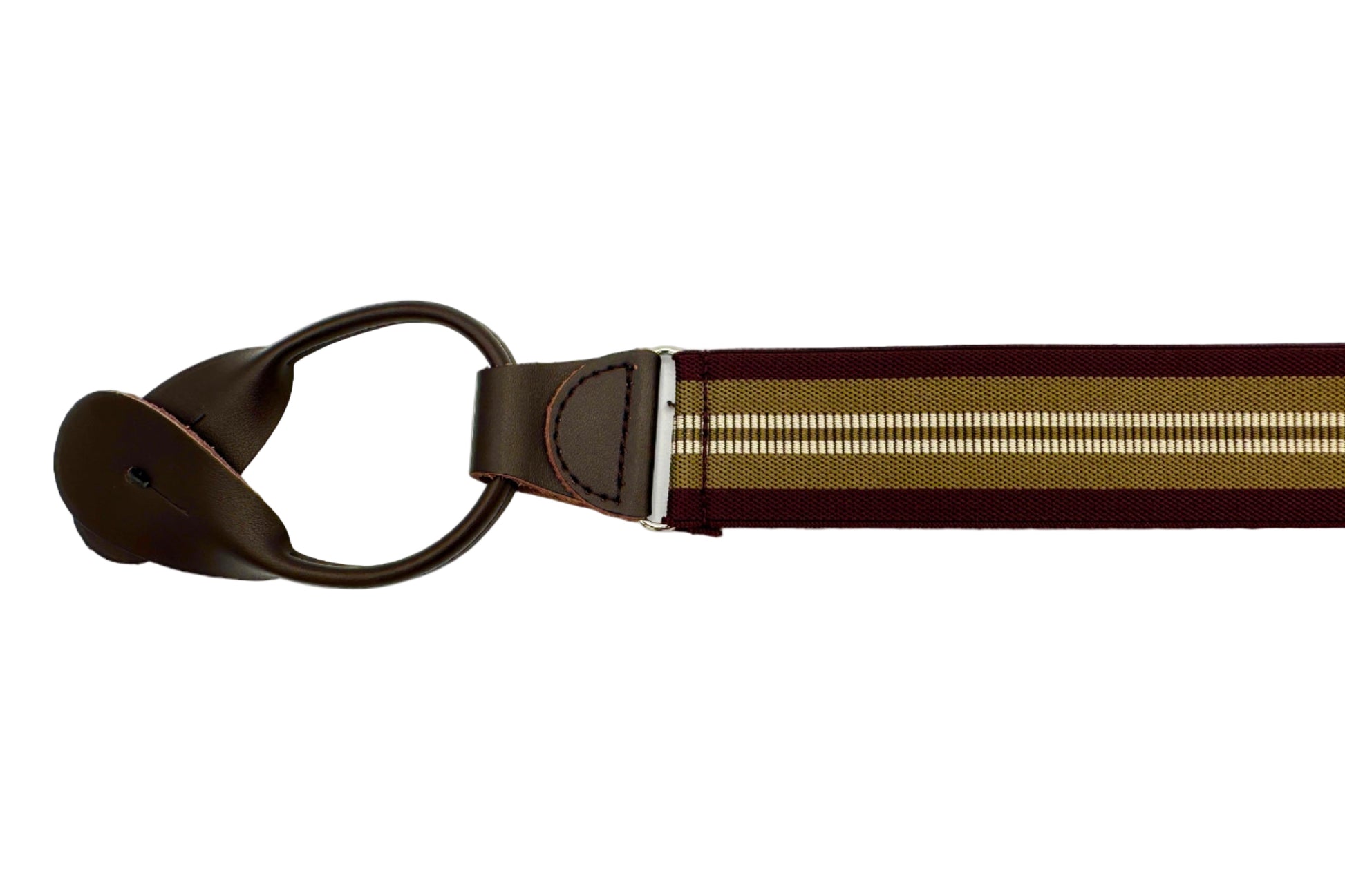 burgundy with white khaki and tan multi-stripe elastic suspender with brown leather ends