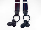 2 pairs of button on elastic suspenders in children's size; left one is burgundy with pale blue stripe and the right is navy with burgundy stripe