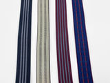 4 patterns elastic suspenders; black with white stripe, tan with black pinstripes, burgundy with pale blue stripe, blue with red stripe