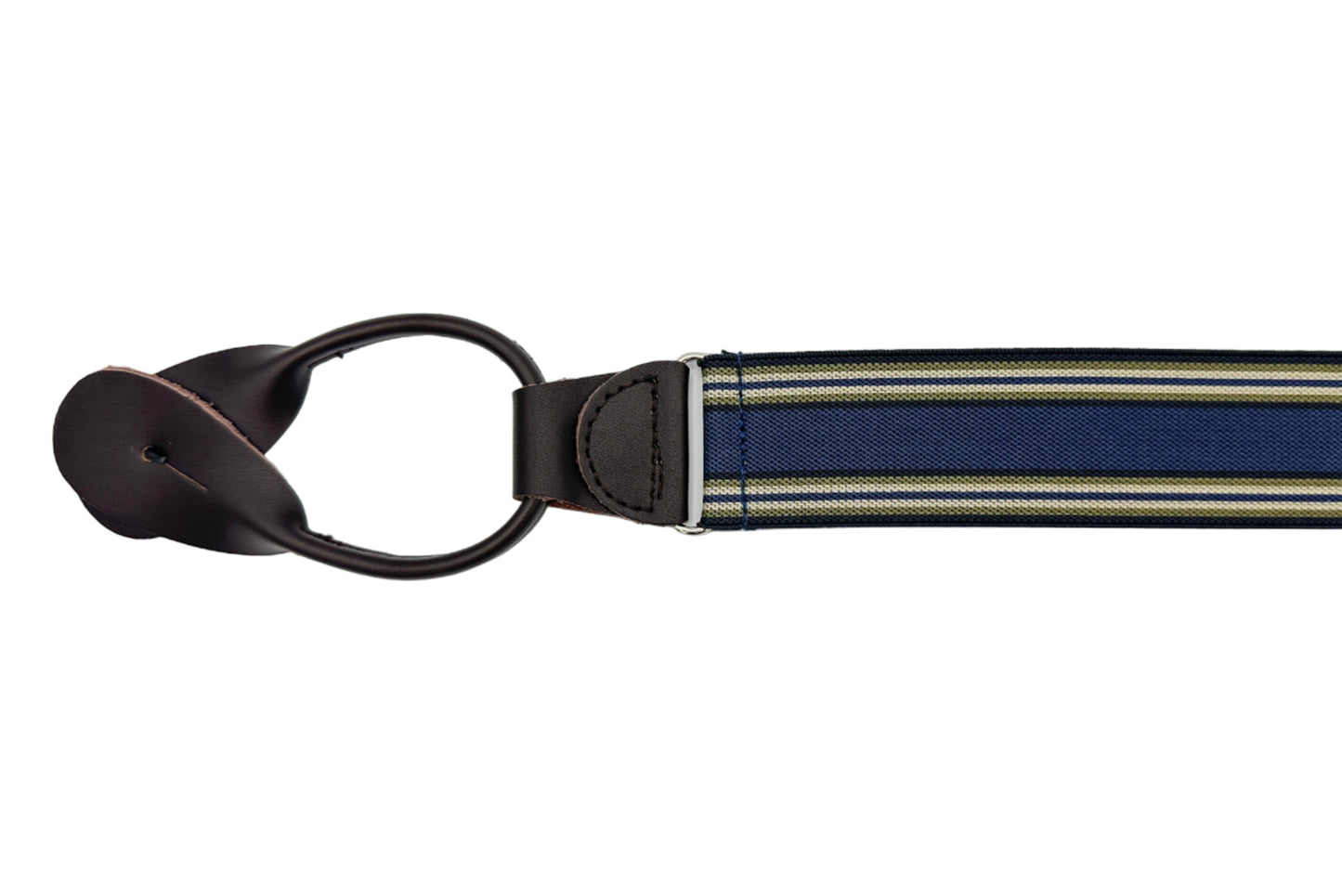 denim blue with olive and white side stripe elastic suspender with brown leather ends