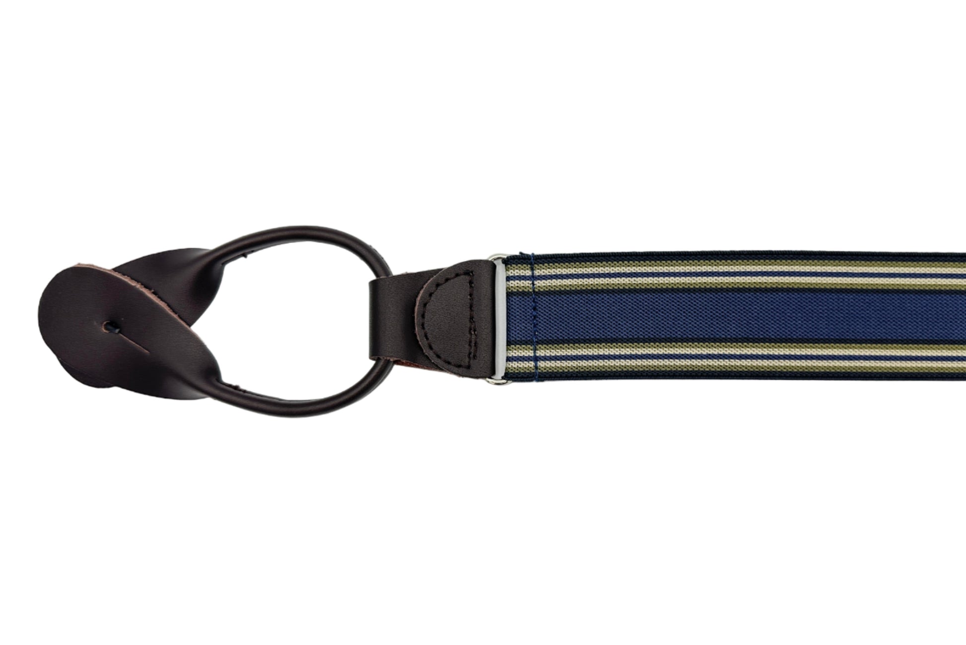 denim blue with olive and white side stripe elastic suspender with brown leather ends