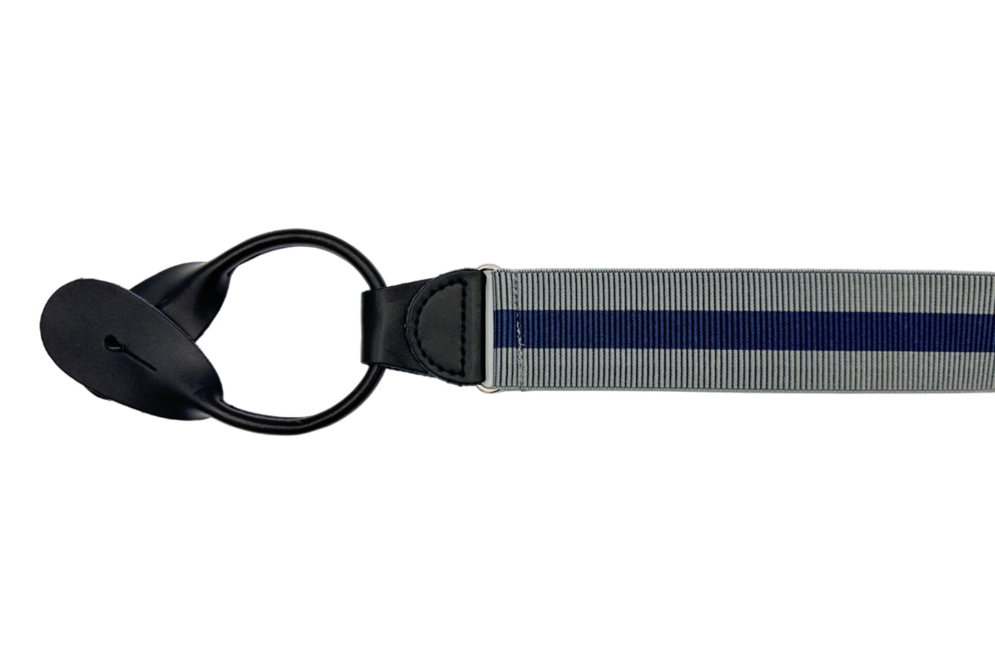 grey with slate blue elastic suspender with black leather ends