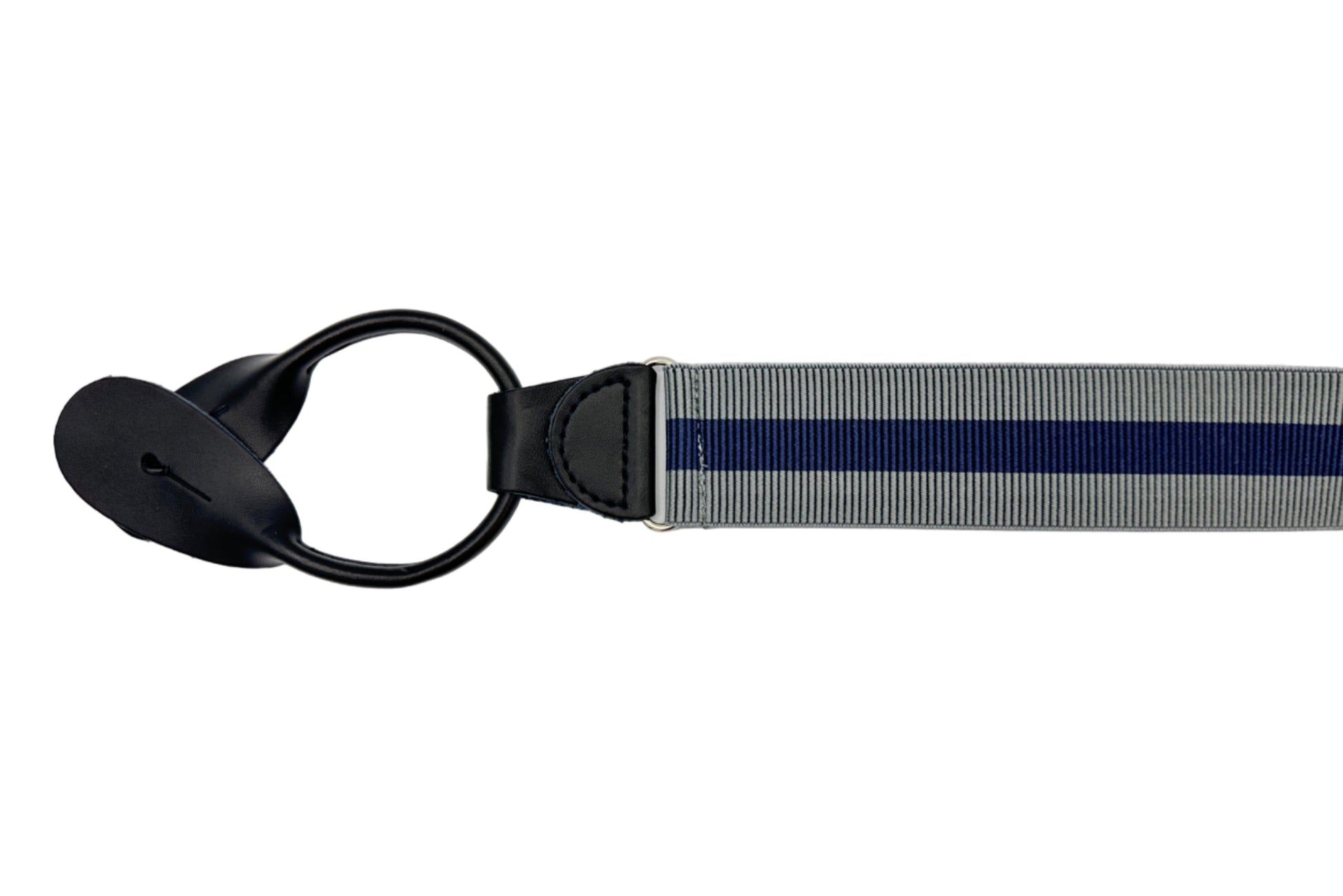 grey with slate blue elastic suspender with black leather ends