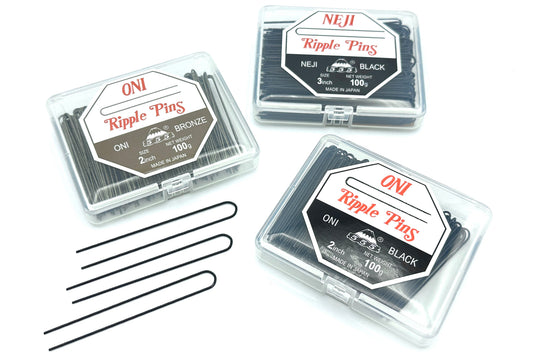 3 clear boxes of hairpins, 1 box of 2" Bronze Oni Pins, 1 box of 3" Neji Pins, 1 box of 2" Oni pins