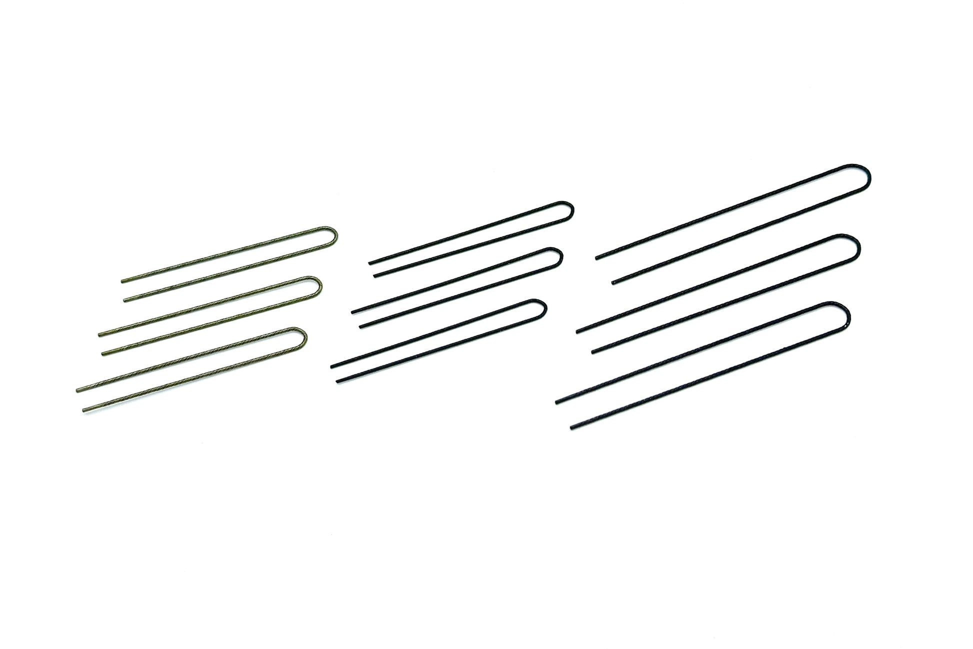 9 metal hair pins in 3 groups, 1 set of 2" bronze, 1 set of 2" black, 1 set of 3" black
