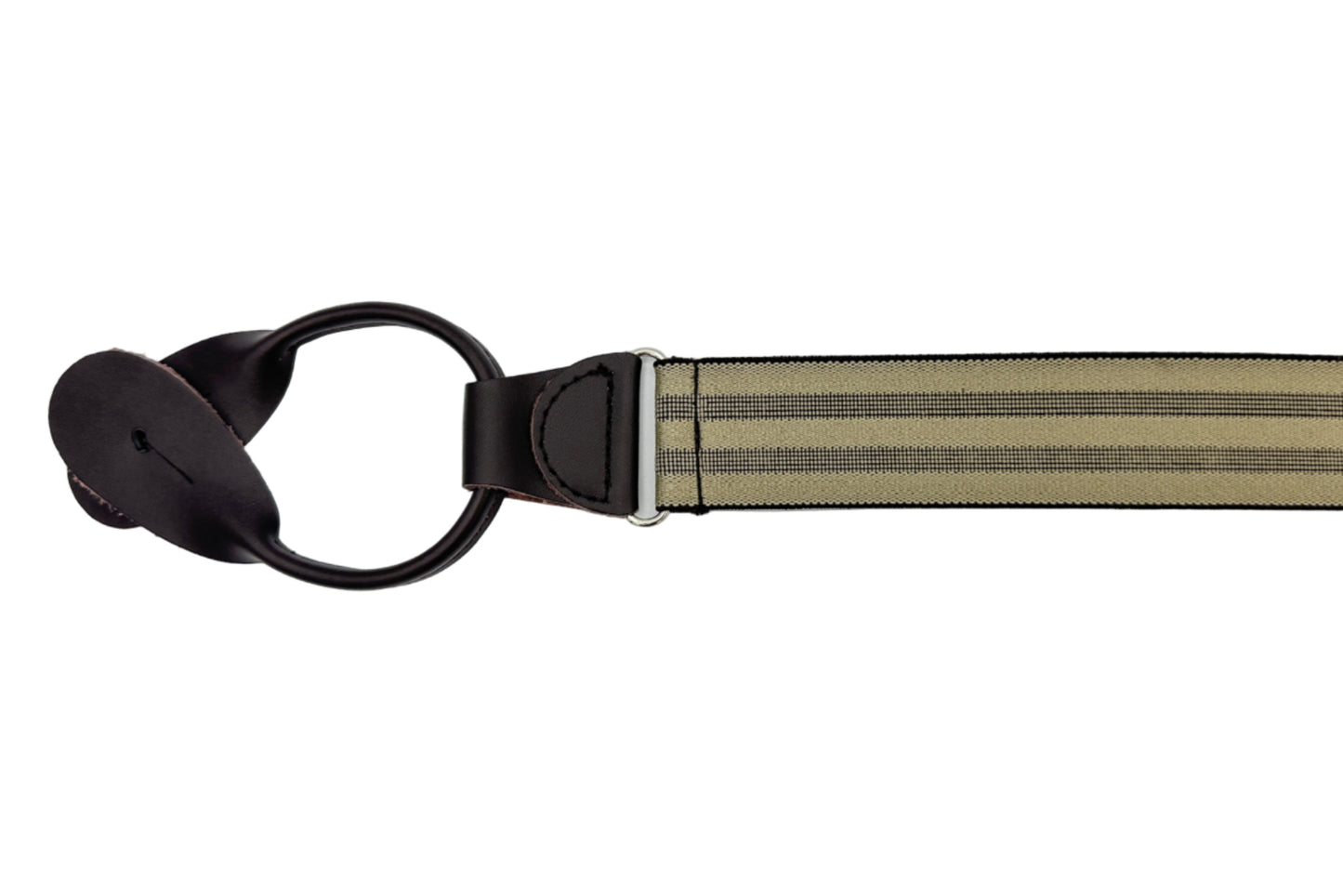 khaki and brown multi-stripe elastic suspenders with brown leather ends
