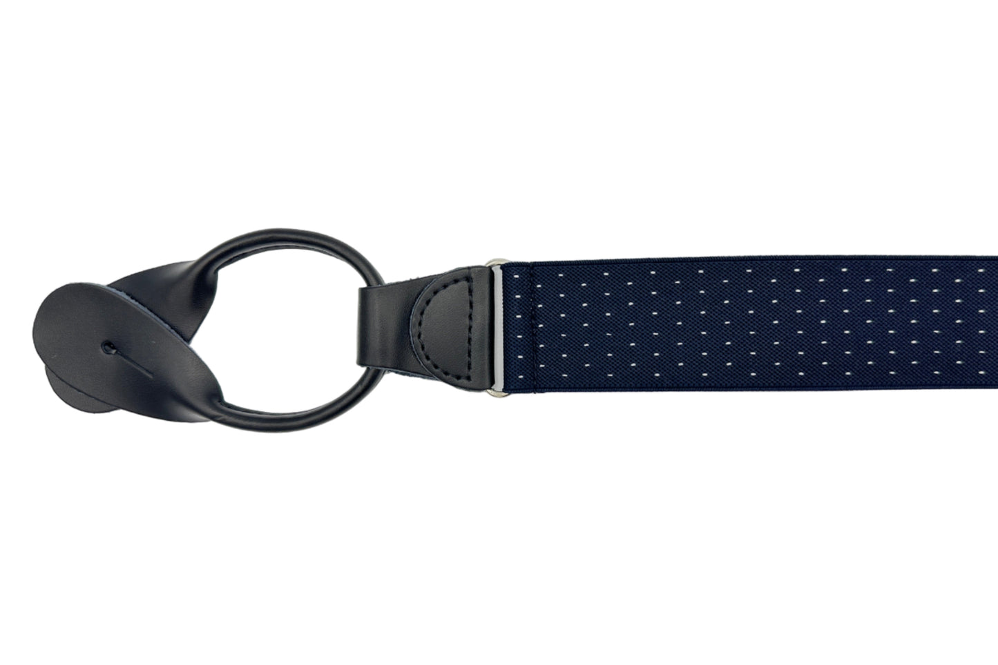 Royal blue with white dot elastic suspender with black leather ends