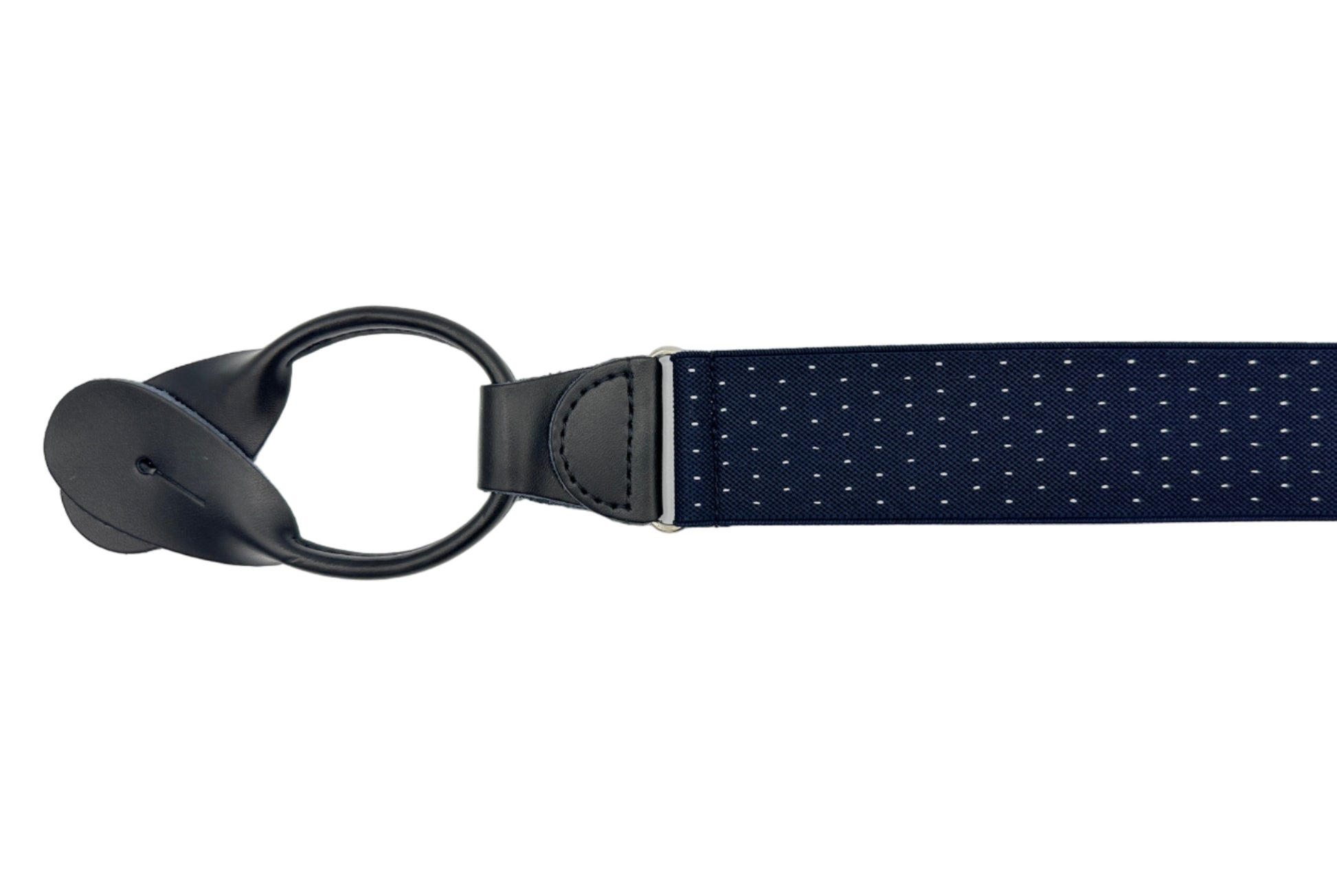 Royal blue with white dot elastic suspender with black leather ends