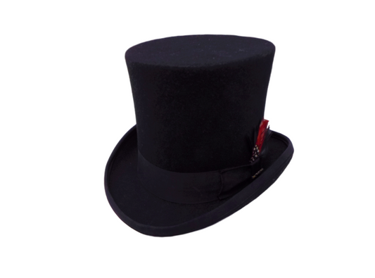 A Black wool top hat with a black hatband and feather