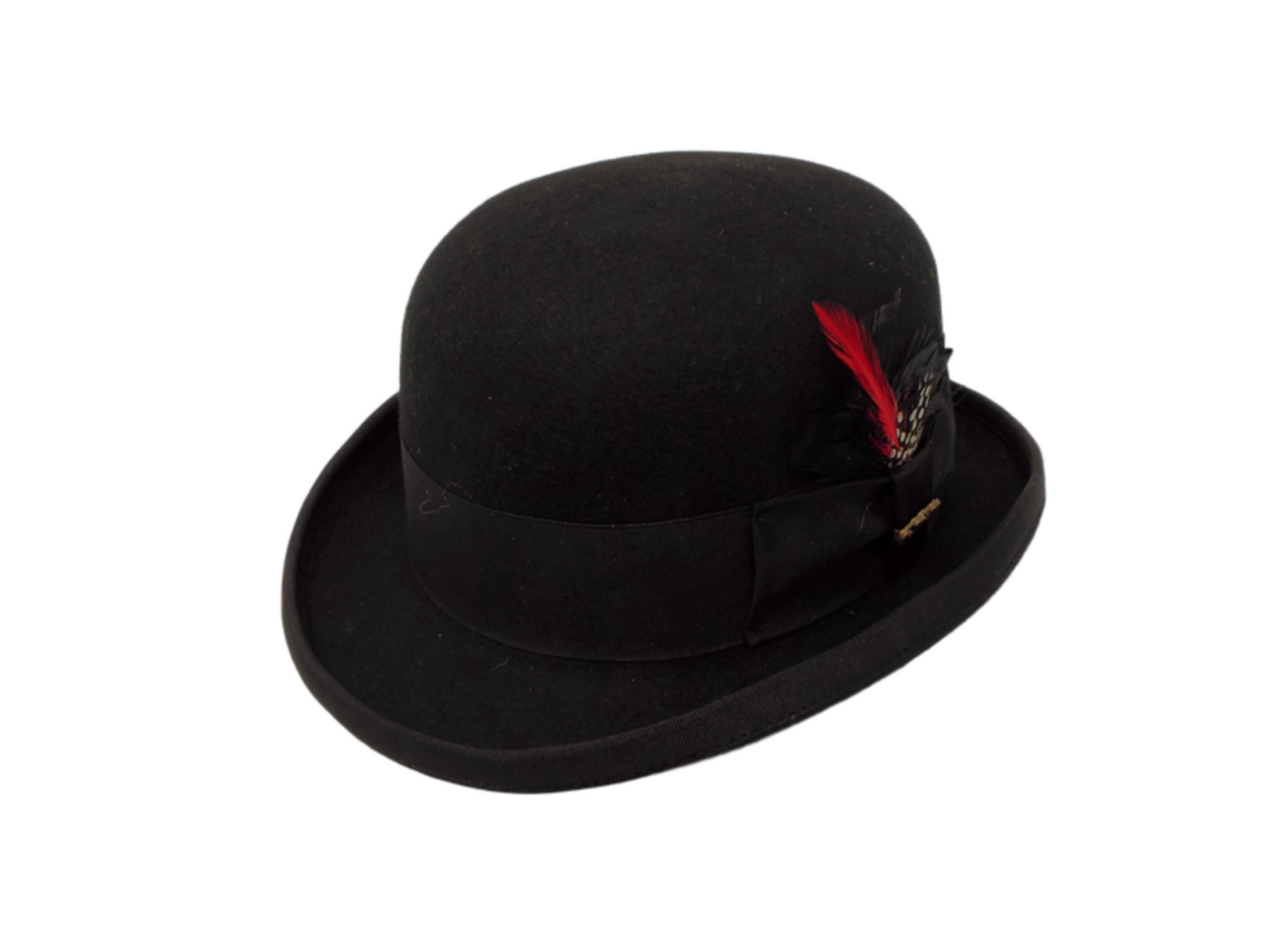 a black bowler hat with a feather hatband