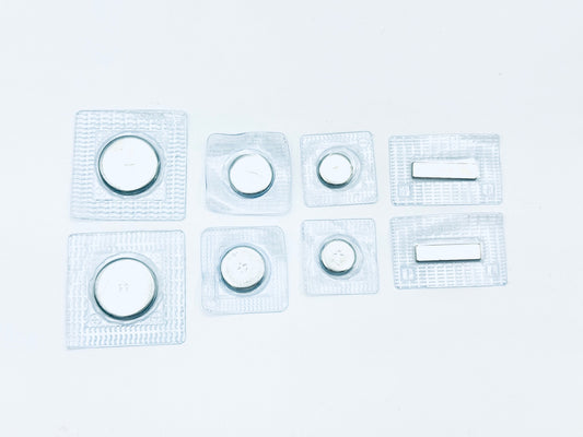 4 pairs of sew in magnets in plastic; 1 pair 1" large disk, 1 pair 3/4" disk, 1 pair 1/2" disk, 1 pair thin bar