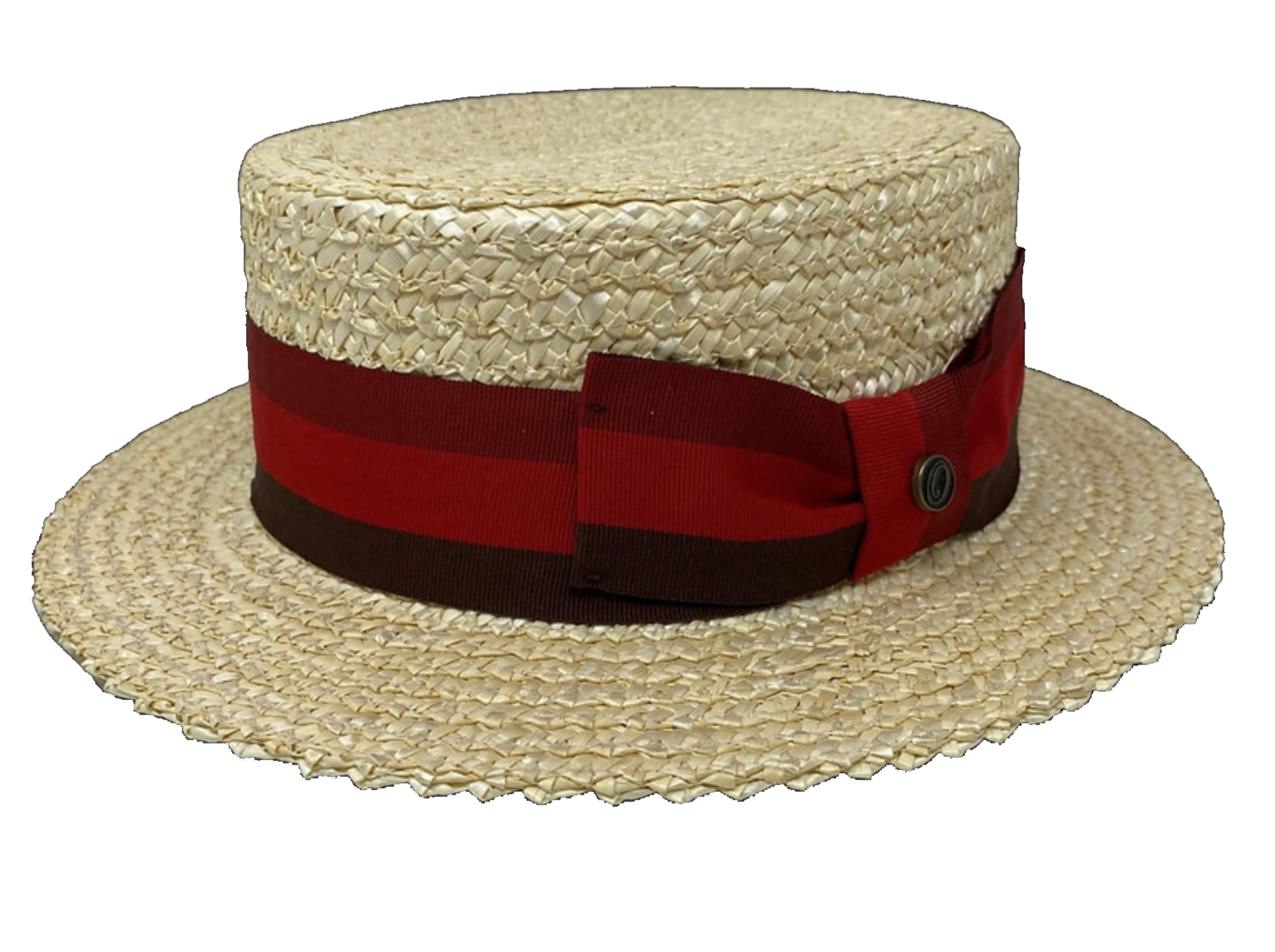 Straw boater with burgundy red and wine hatband
