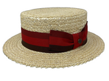 Straw boater with burgundy red and wine hatband