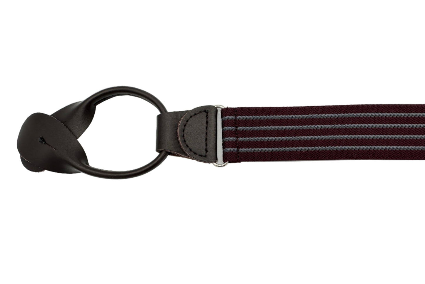 Burgundy wtih grey vertical pinstripes elastic suspenders with brown leather ends