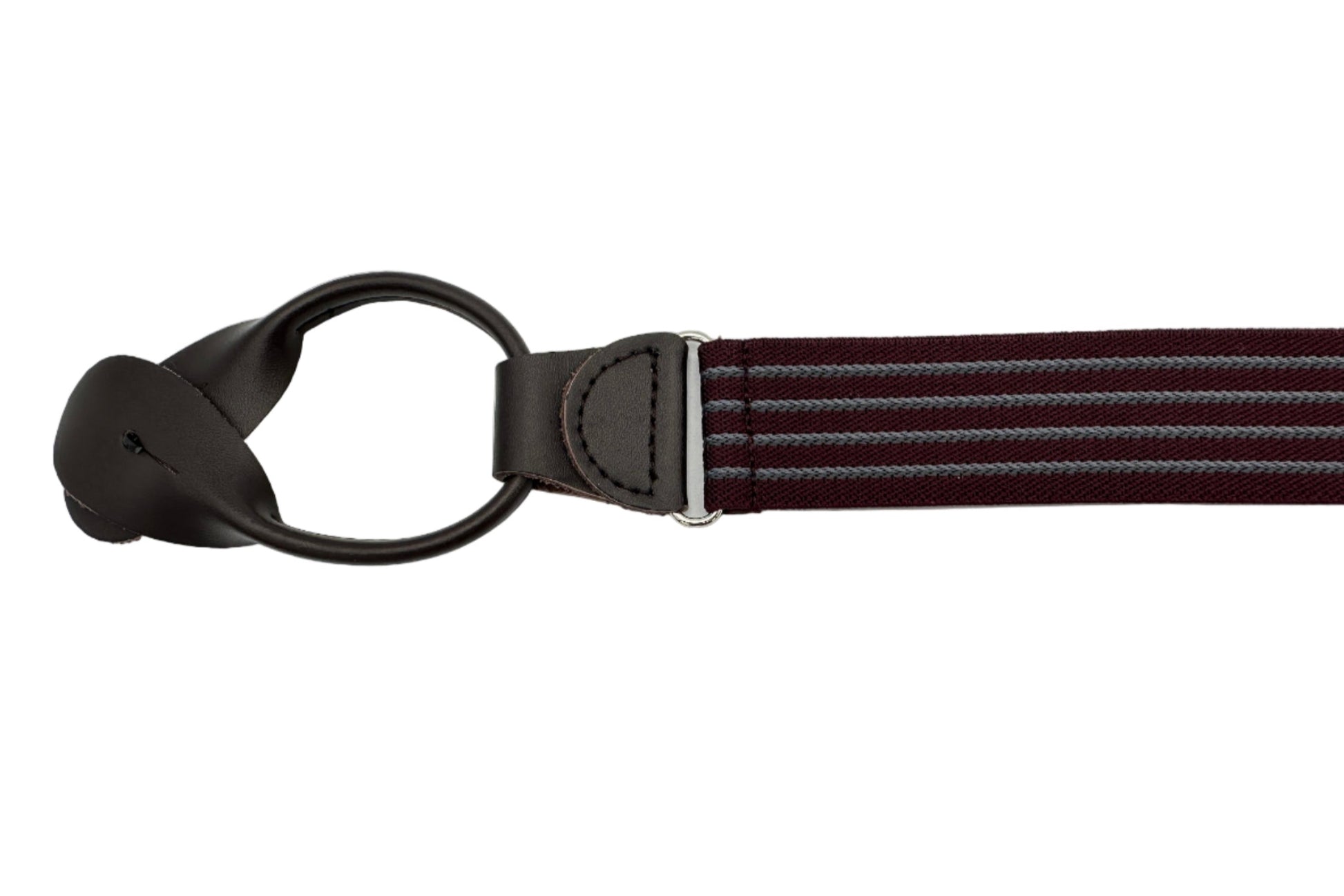Burgundy wtih grey vertical pinstripes elastic suspenders with brown leather ends