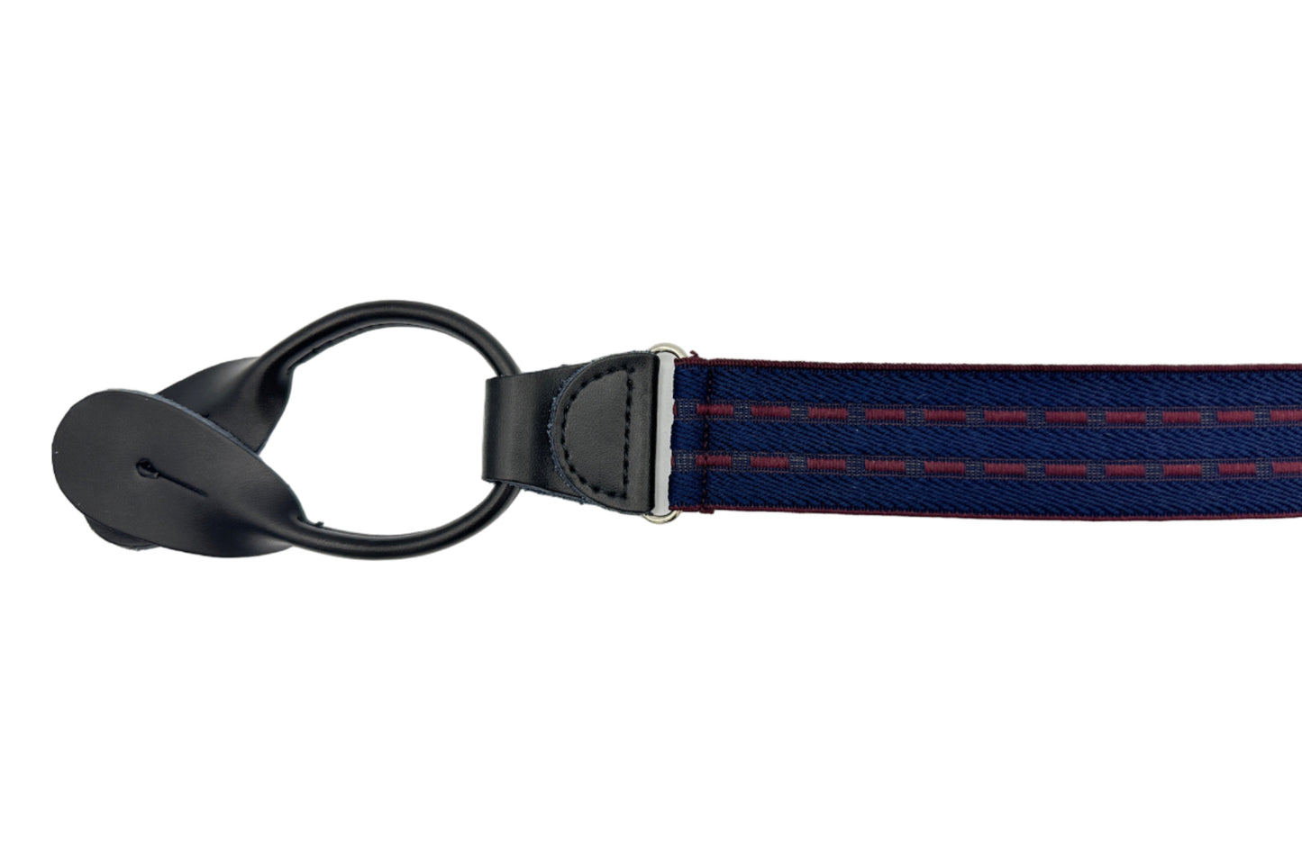 navy with burgundy running stripe elastic suspender with black leather ends
