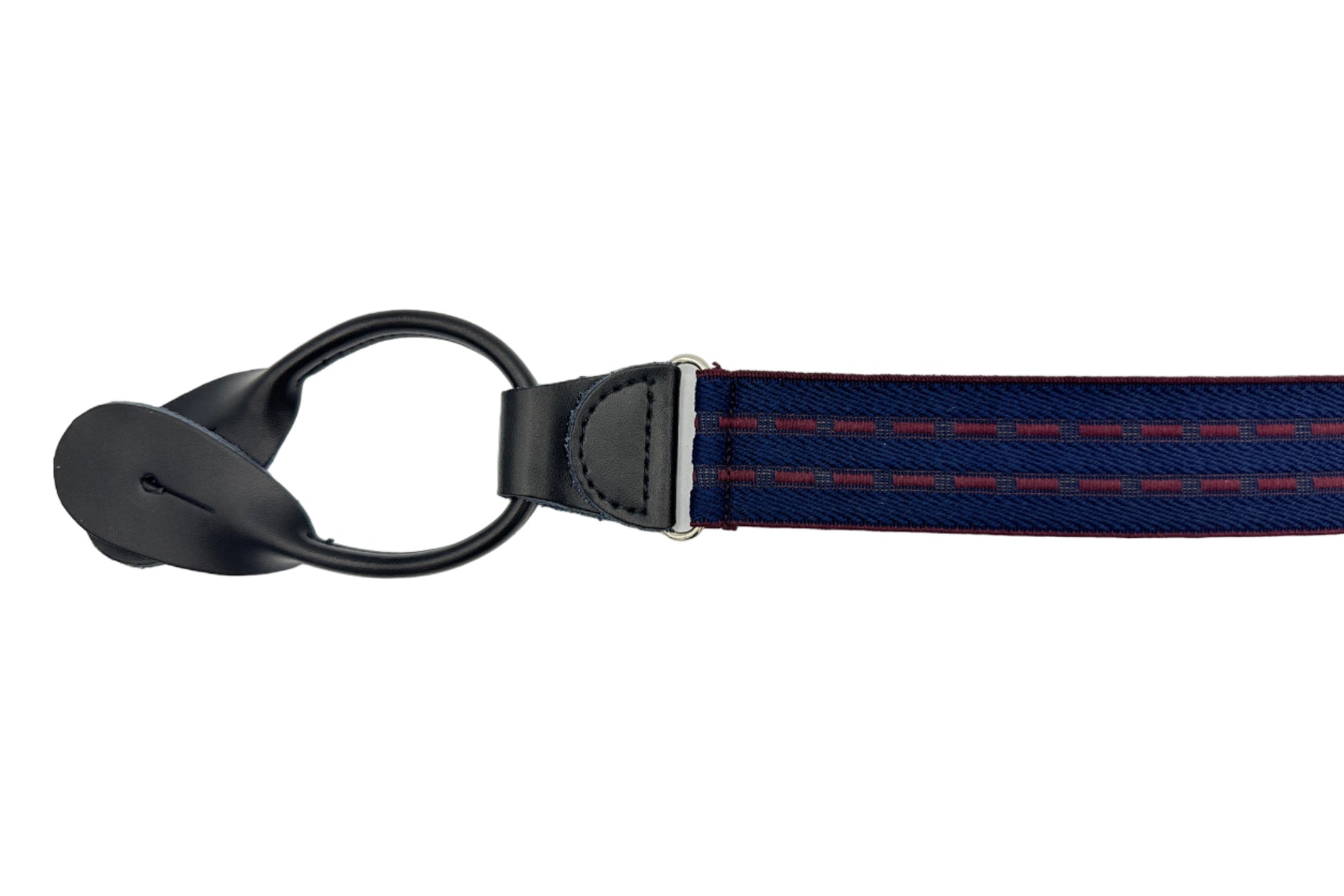 navy with burgundy running stripe elastic suspender with black leather ends