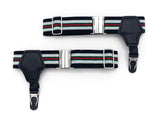 1 pair of Black sock garters with black elastic with green, red and white stripes