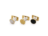 3 goldtone quick rigged cufflinks; left has mother of pearl enamel center, center is plain goldton center, right is black enamel center