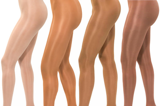 4 pairs of sheer hosiery on legs; Vanilla, Honey, Cinnamon and Truffle