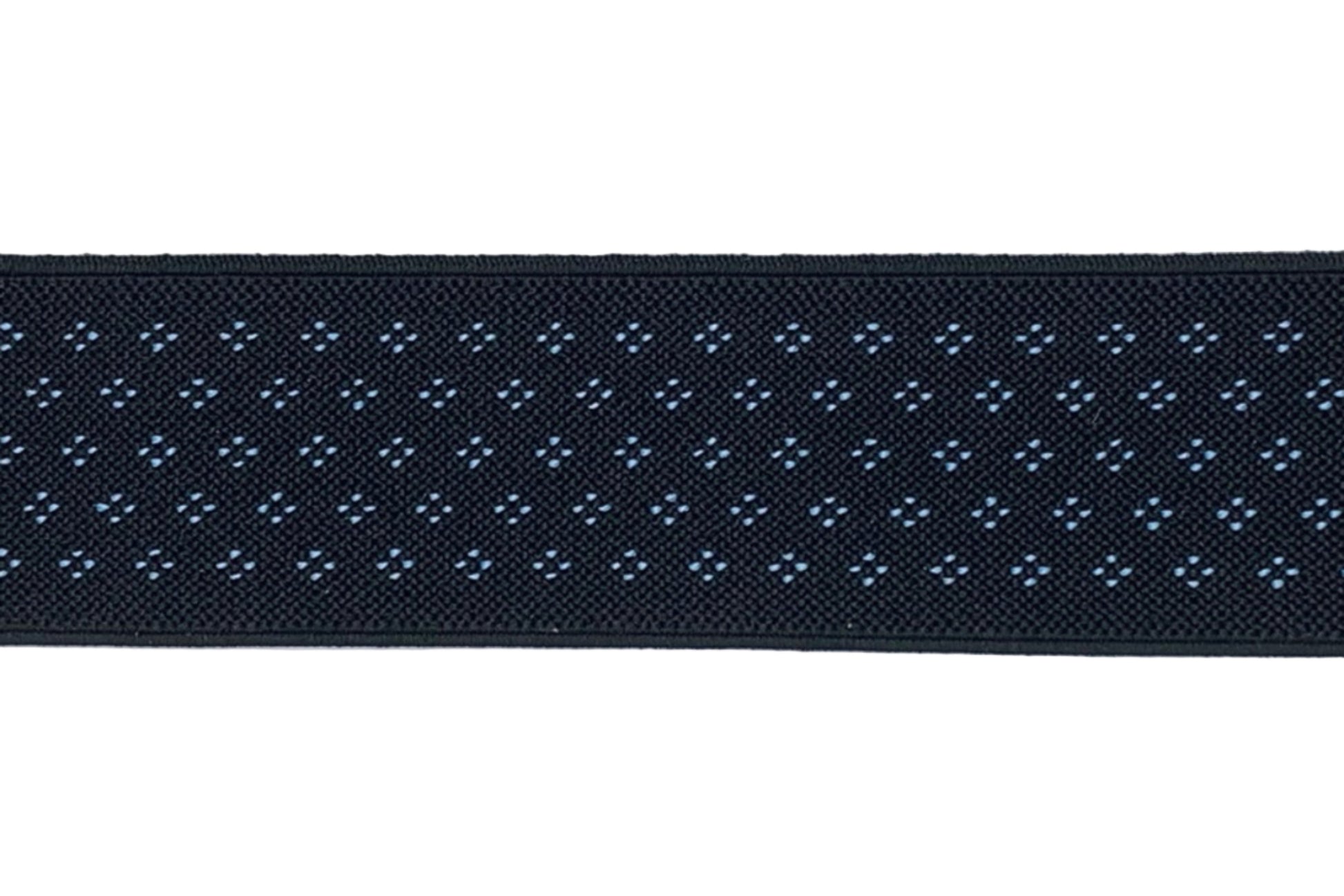 3 patterns of suspenders; tan with black and white stripe,  navy with small light blue dotted diamond, navy with light blue stripe