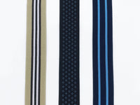 3 patterns of suspenders; tan with black and white stripe,  navy with small light blue dotted diamond, navy with light blue stripe