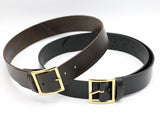 2 belts one in brown and one in black; both with gold buckles and both measure 1 3/4" wide