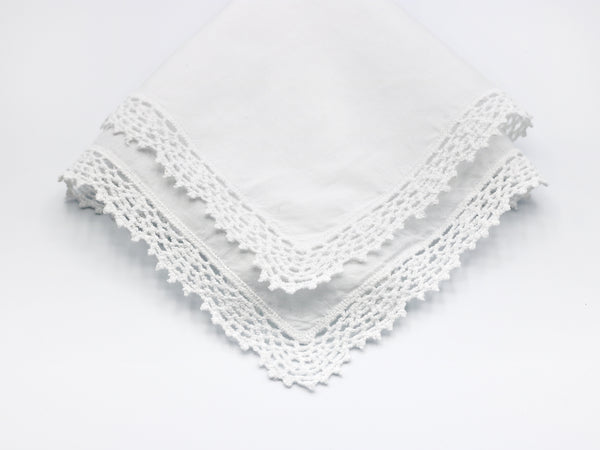 reproduction vintage handkerchief with crochet border on all sides.