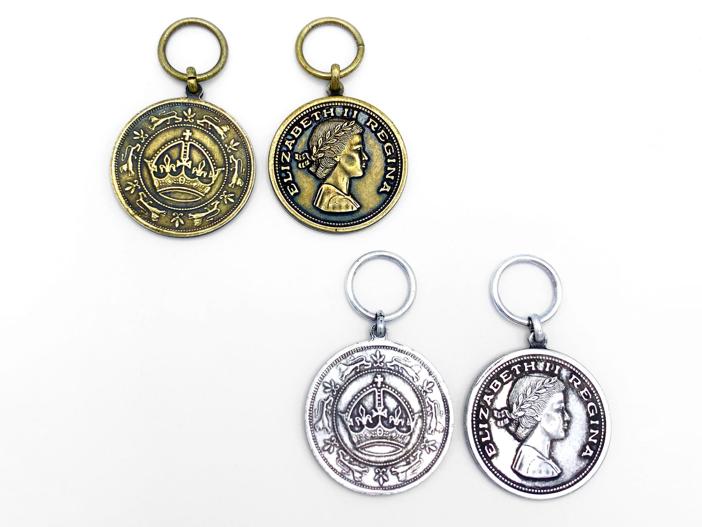 2 pairs of medallion medals showing front and back; one pair in brass and one in pewter