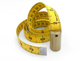 1 yellow tape measure with Metal Plumb end printed with centimeters on one side and inches on the other