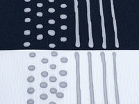 Black and white fabric with grey sock stop painted on in dots and stripes