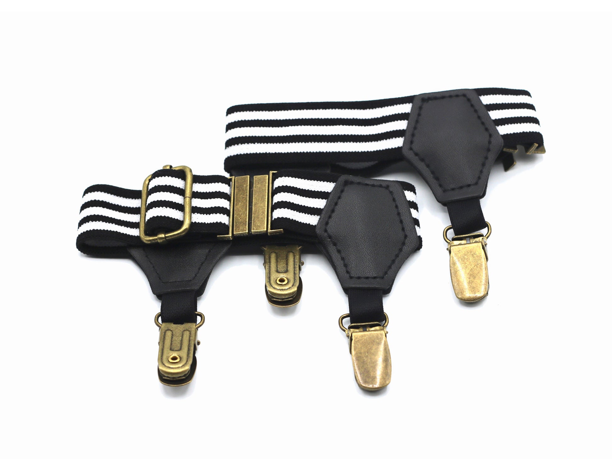 Black and white stripe sock garters with metal clips