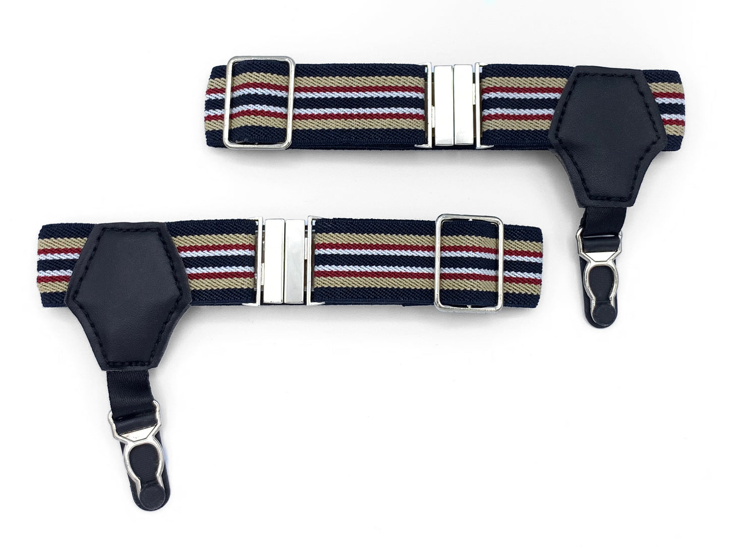 1 pair of sock garters with Black with tan and burgundy striped elastic