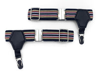 1 pair of sock garters with Black with tan and burgundy striped elastic