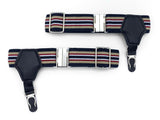 1 pair of sock garters with Black with tan and burgundy striped elastic