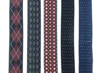 5 patterns of elastic suspenders: Black background with burgundy argyle and white detail, black and grey diamond, small multi-color diamond pattern, black with small white dot, and blue with small white dot